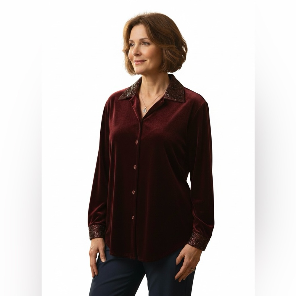 SUSAN GRAVER STUDIO Vintage Maroon Velvet Button-down Top